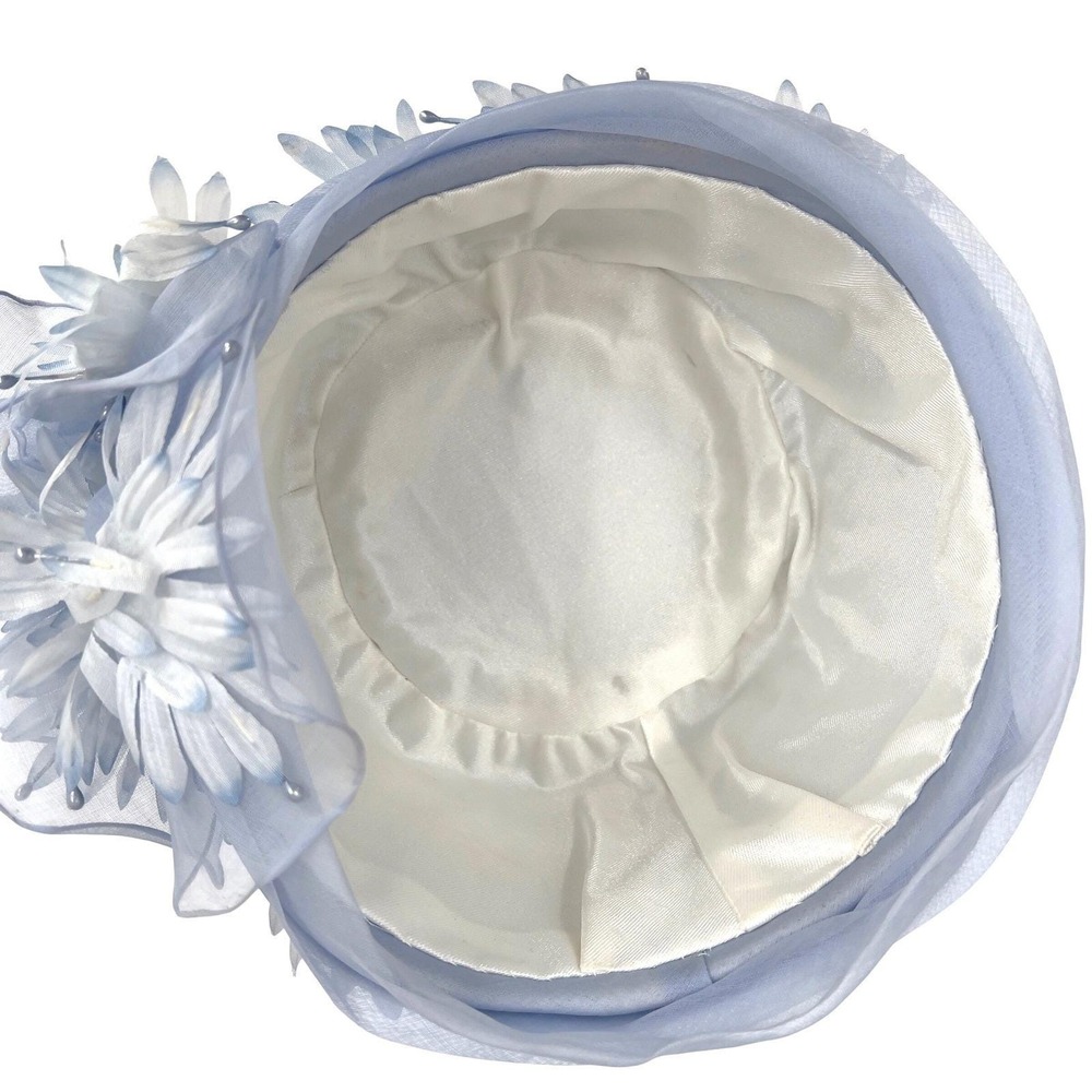 Vintage Women's Pillbox Hat Blue Chiffon Floral Fabric Petals 60s Church Retro - Picture 4 of 5